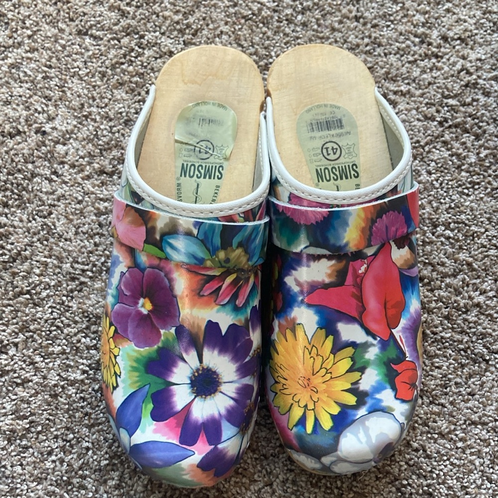 Simson Fleuriste Artisan Orthopedic Wooden Handmade Dutch Clogs Floral Sz 41 - Picture 2 of 7